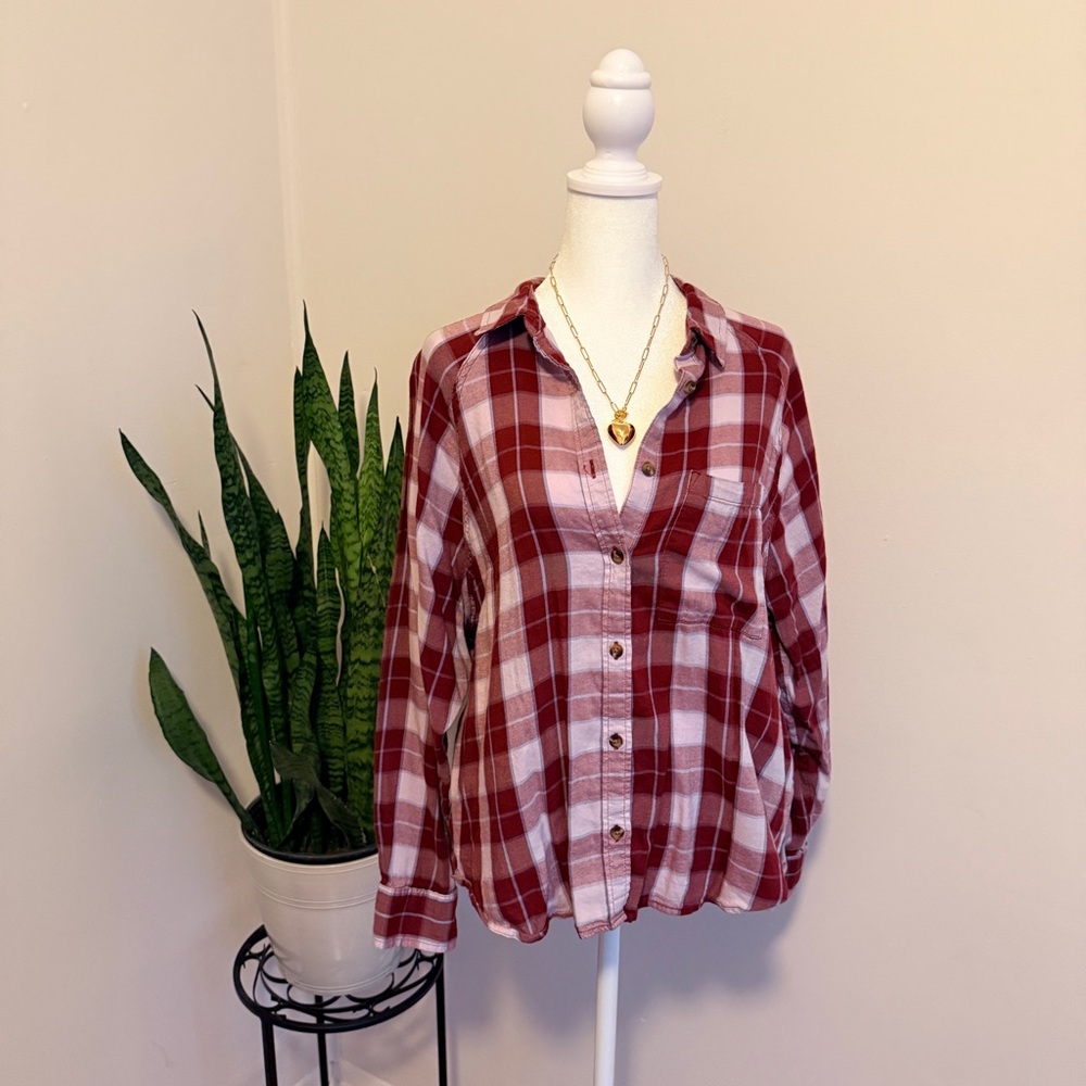 SO | Maroon and White Plaid Shirt - Picture 1 of 9